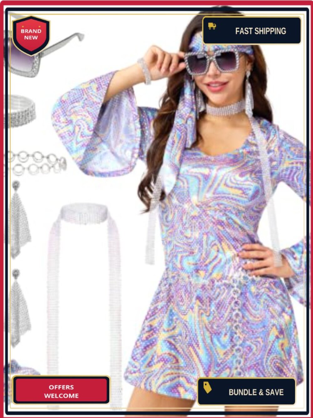 70s Disco Costume Set Dress Headwear Glasses Earrings Bracelet